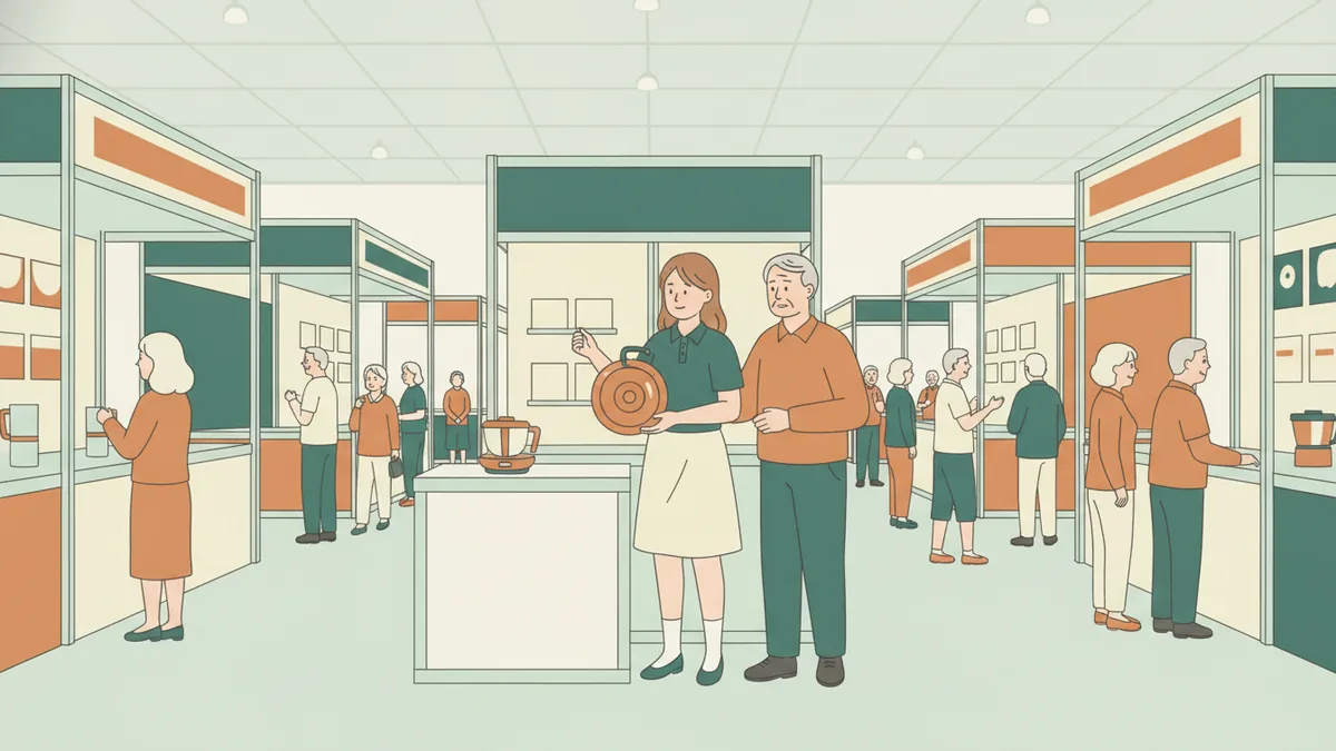 Illustration : dans le grand hall d'un salon, une étudiante en polo présente une poêle à un couple de visiteurs âgés devant un stand ; d'autres stands et visiteurs remplissent l'arrière-plan.
