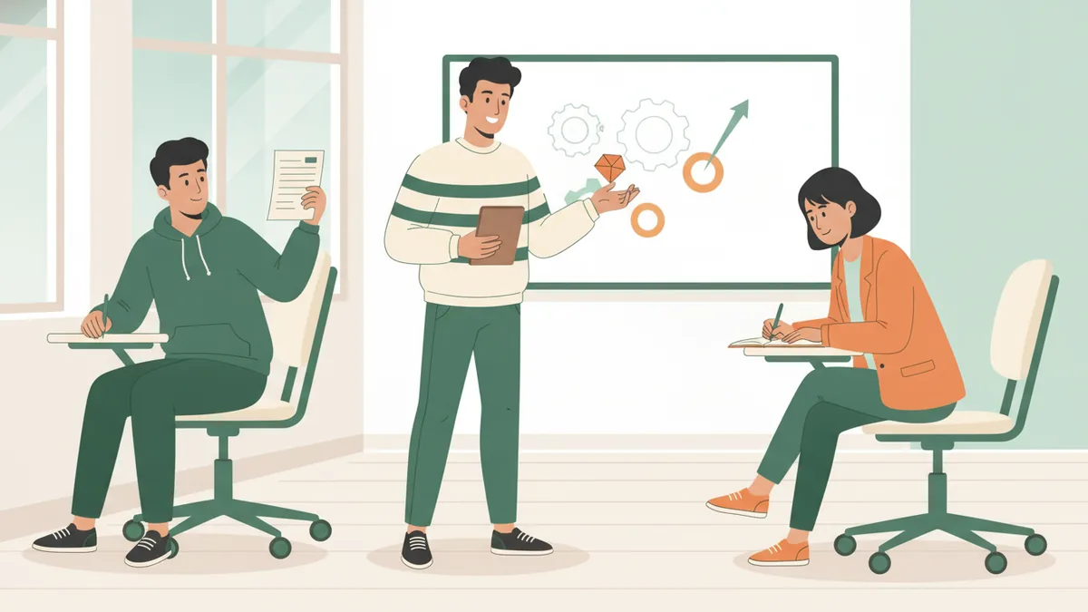 Illustration : trois étudiants dans une salle de cours claire aux chaises à roulettes ; l'un présente une offre en tenant une tablette, un autre joue l'acheteur et prend des notes, une troisième étudiante les observe et remplit une grille d'évaluation.