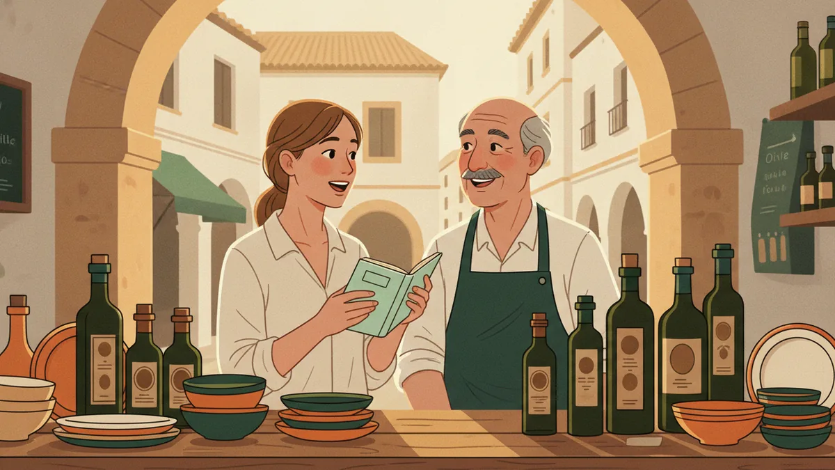 Illustration : sous une arcade ensoleillée, une étudiante, un carnet à la main, discute avec un commerçant âgé derrière un comptoir chargé de bouteilles d'huile d'olive et de bols en céramique.