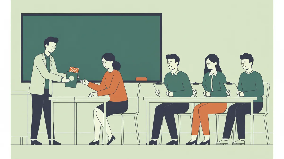 Illustration : dans une salle de classe aménagée pour un jeu de rôle, un étudiant tend un échantillon de produit à une étudiante assise face à lui, comme dans un rendez-vous commercial ; trois autres étudiants observent et notent sur une grille.