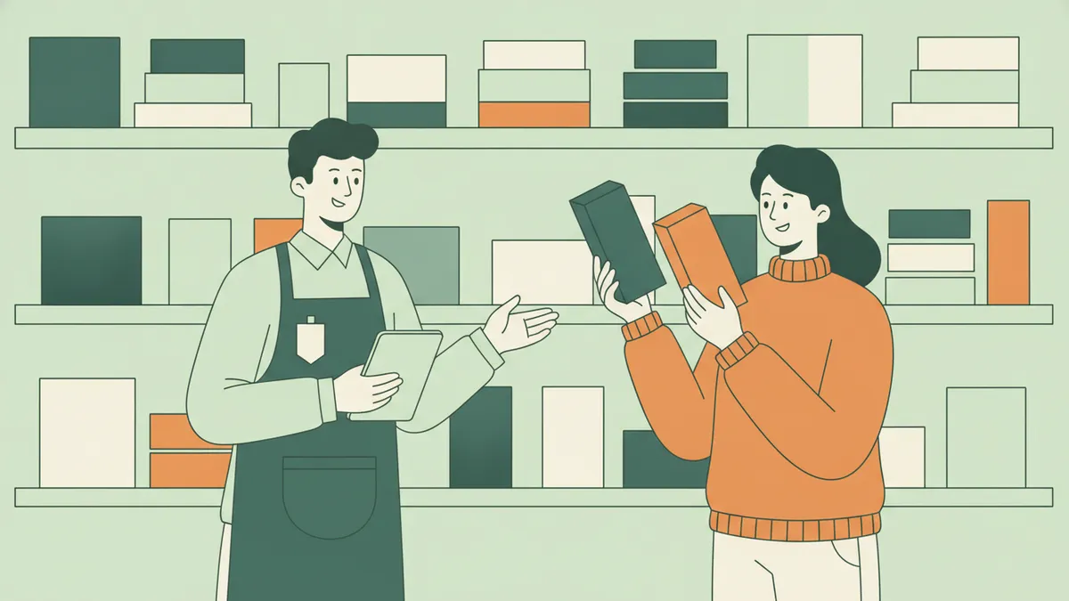 Illustration : dans un magasin lumineux, un jeune stagiaire avec un badge et une tablette conseille une cliente qui hésite entre deux produits ; derrière eux, des étagères de boîtes colorées.