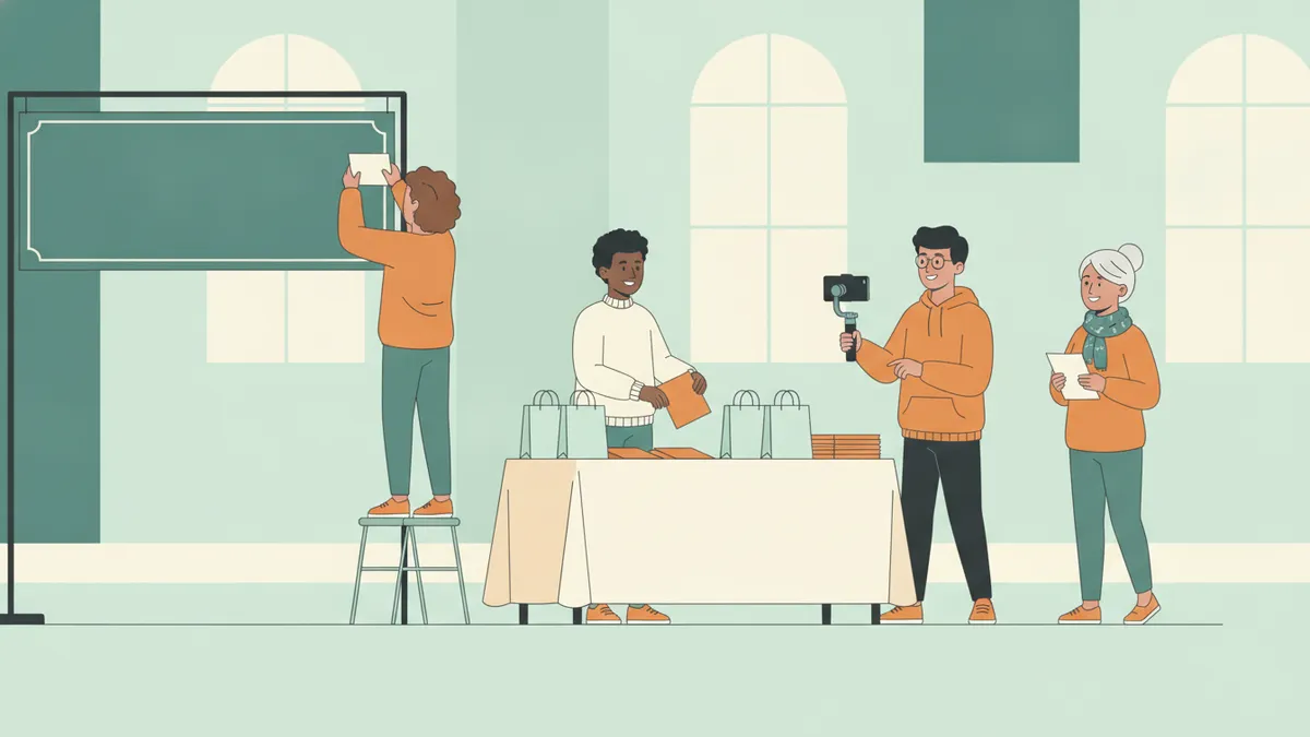 Illustration : dans un hall universitaire, des étudiants montent un stand : l'un accroche une banderole, une autre dispose des sacs sur une table, un troisième filme avec un smartphone sur stabilisateur, une étudiante parle avec une visiteuse.