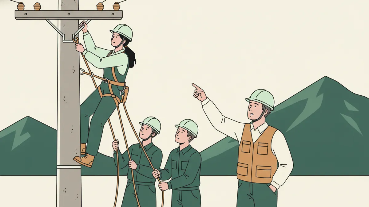 Illustration : sur un terrain d'entraînement, une jeune apprentie casquée et harnachée travaille en haut d'un poteau électrique ; deux camarades tiennent les cordes au pied du poteau et un formateur en gilet leur montre la ligne. Des montagnes au fond.