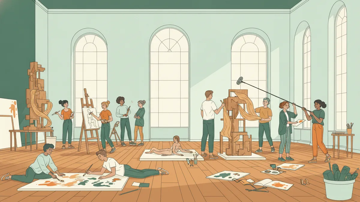 Illustration : un grand atelier lumineux aux hautes fenêtres ; une dizaine d'étudiants travaillent, l'une peint une grande toile posée au sol, un autre dessine à un chevalet, deux autres montent une sculpture en bois, une autre enregistre un son avec un micro.