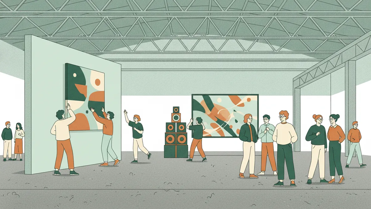 Illustration : dans un immense hall industriel au sol en béton, des étudiants accrochent une grande peinture ; d'autres règlent une installation sonore avec des enceintes et une projection vidéo, pendant que des visiteurs discutent.