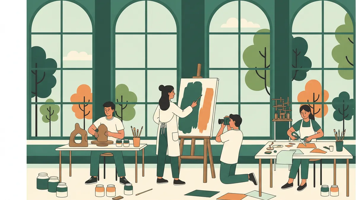 Illustration : un grand atelier lumineux aux fenêtres cintrées ; une étudiante peint une grande toile sur un chevalet, un étudiant modèle une sculpture en terre, un autre photographie une petite installation, une quatrième découpe des papiers pour un collage.