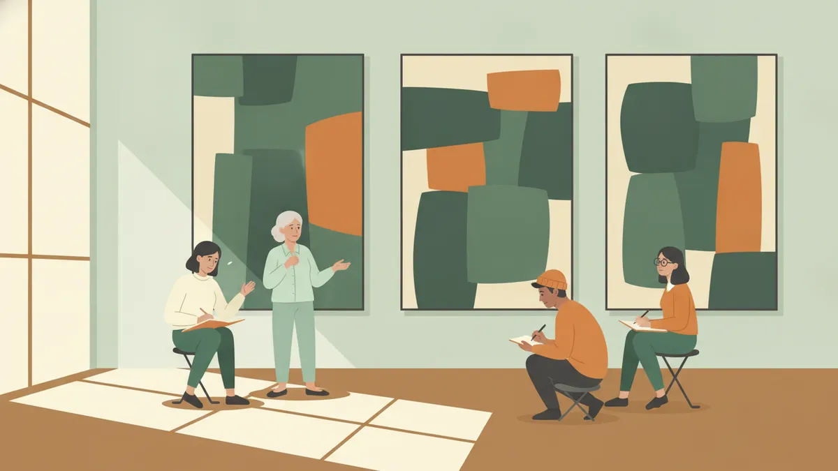 Illustration : dans une galerie de musée aux grands tableaux abstraits verts et orange, des étudiants dessinent sur leurs carnets, assis sur des tabourets pliants ; une enseignante discute avec l'une d'eux.