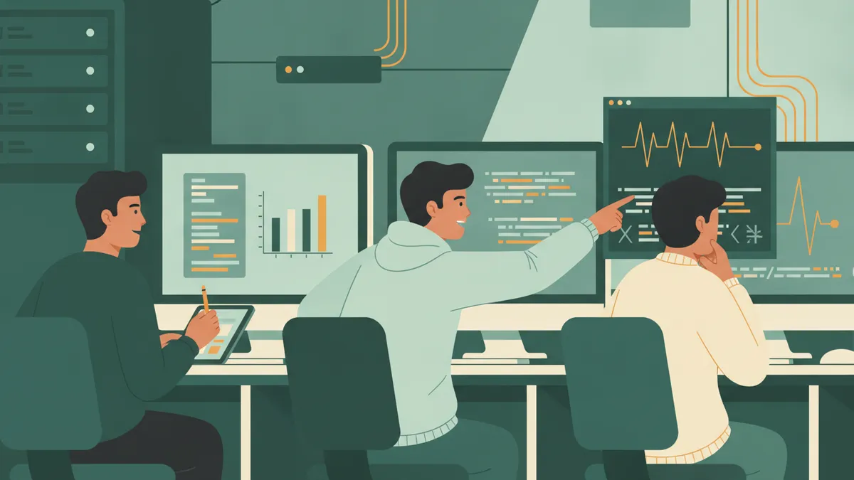 Illustration : trois étudiants côte à côte devant des ordinateurs dans une salle informatique ; l'un montre du doigt un écran où s'affichent du code et une courbe de rythme cardiaque, un autre suit sur une tablette.