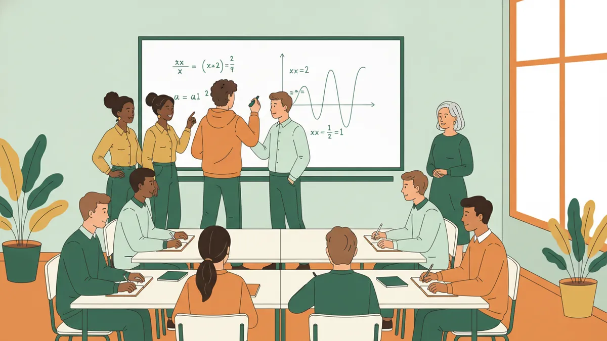 Illustration : dans une salle claire, un étudiant écrit des formules et trace une courbe au tableau pendant que deux camarades commentent ; les autres, assis autour de tables rapprochées, prennent des notes, et une professeure écoute sur le côté.
