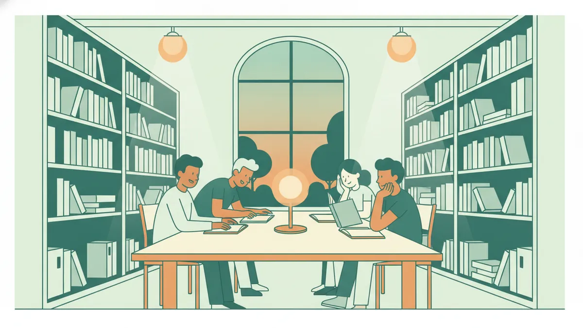 Illustration : en soirée, dans une bibliothèque aux hautes étagères éclairée par des lampes, quatre étudiants travaillent ensemble autour d'une grande table ; l'un explique aux autres en montrant son cahier.