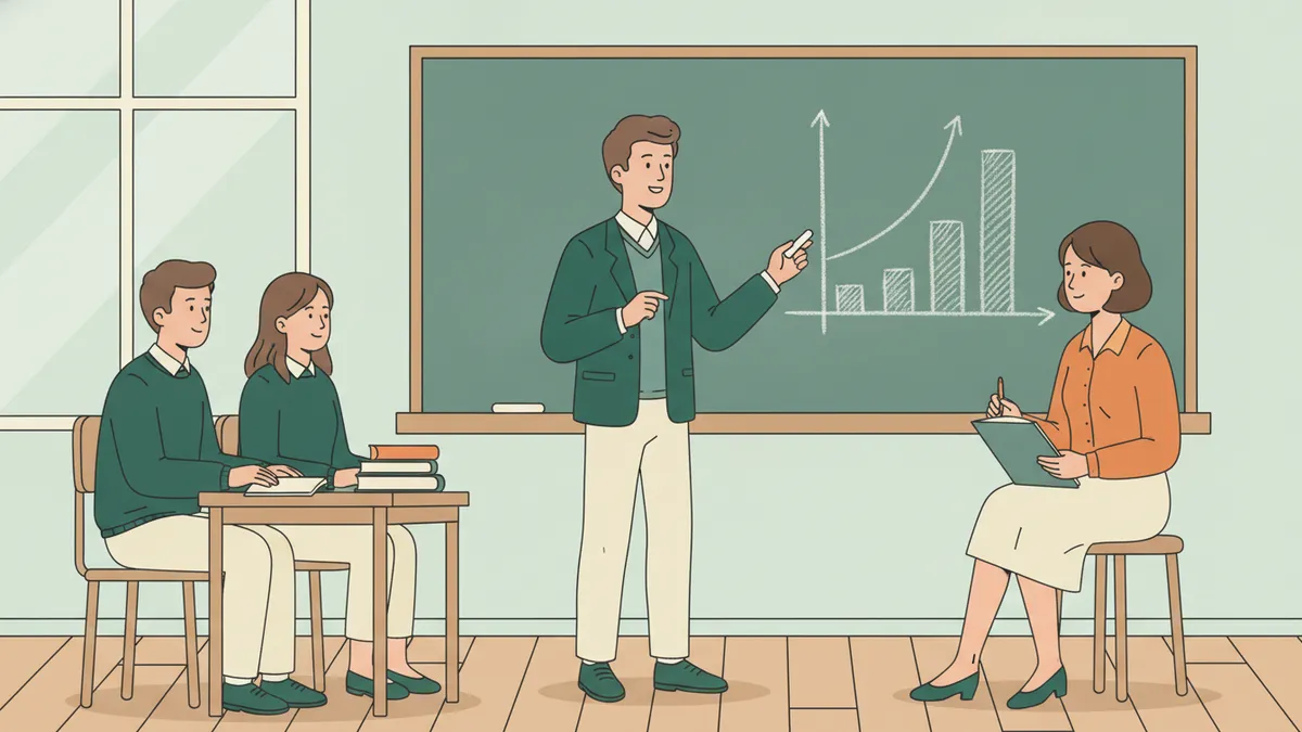 Illustration : un étudiant explique au tableau noir une courbe et un graphique en barres dessinés à la craie, face à une professeure assise qui prend des notes ; deux autres étudiants attendent leur tour à une petite table.