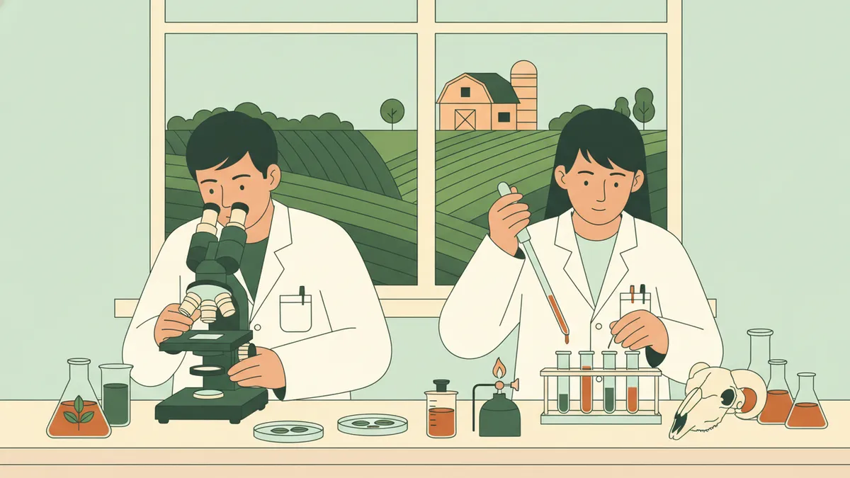 Illustration : dans un laboratoire de biologie dont la fenêtre donne sur des champs et une grange, un étudiant en blouse regarde dans une loupe binoculaire pendant que sa voisine pipette un échantillon de sol dans des tubes ; un crâne d'animal et des plantes sont posés sur la paillasse.