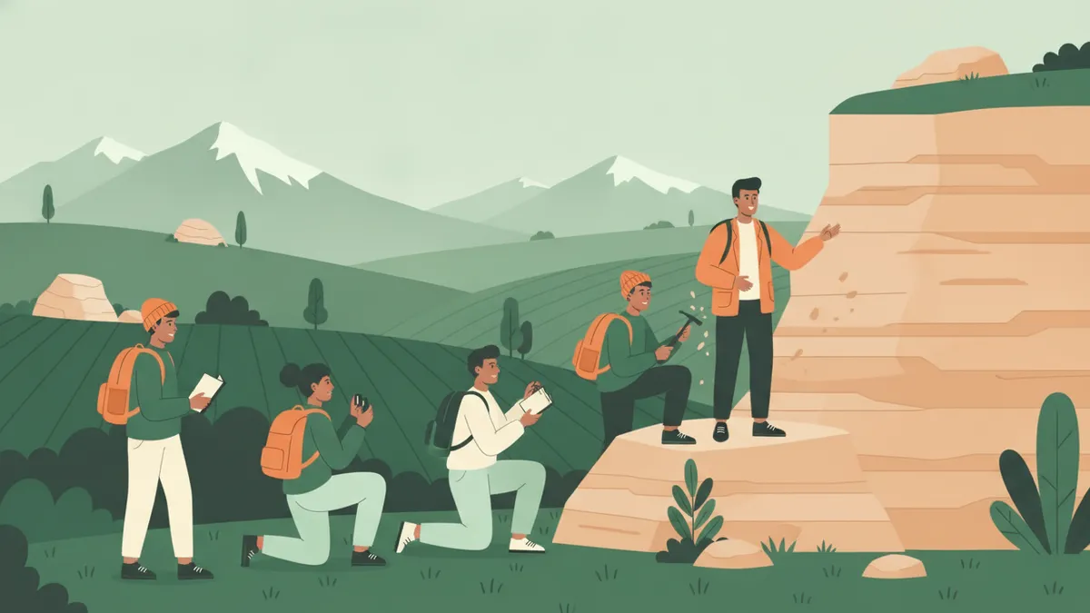 Illustration : un groupe d'étudiants en sortie de terrain dans des collines du Sud-Ouest ; l'un frappe un affleurement rocheux au marteau de géologue, une autre observe une plante à la loupe, un professeur montre les couches de roche, les Pyrénées au loin.