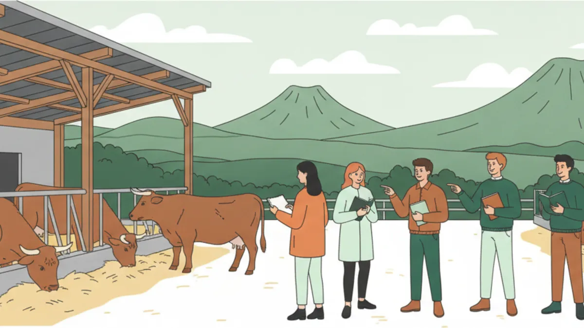 Illustration : un groupe d'étudiants, carnet à la main, visite une stabulation où mangent des vaches brunes ; une étudiante prend des notes, un autre questionne l'éleveur. Au fond, des collines vertes et des volcans arrondis.