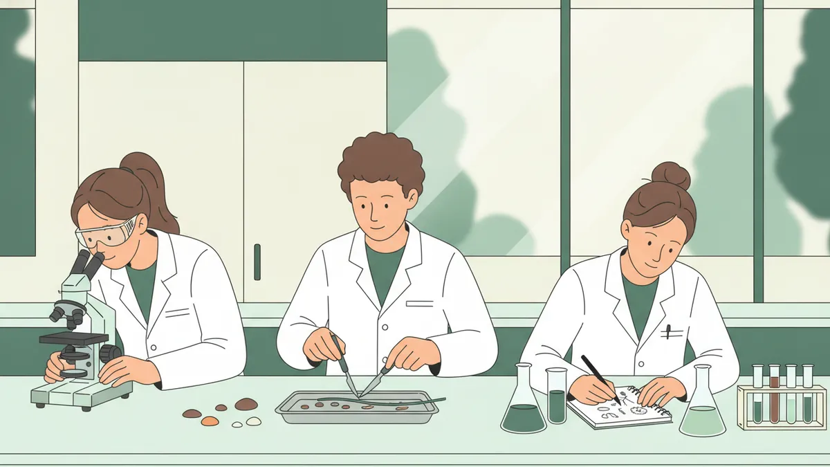 Illustration : trois étudiants en blouse blanche dans un laboratoire de biologie ; l'une regarde au microscope, un autre dissèque une tige de plante dans un bac, la troisième dessine son observation dans un cahier.