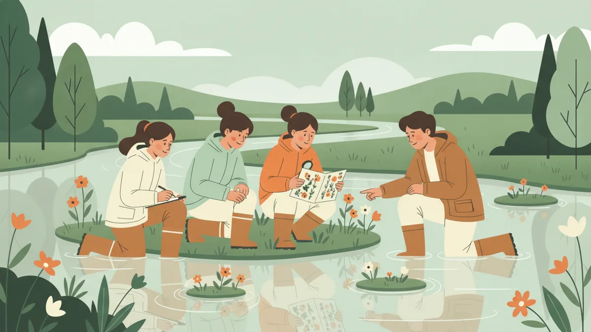 Illustration : quatre étudiants accroupis dans une prairie inondée au bord d'une rivière identifient des fleurs avec une flore et une loupe ; l'un note l'inventaire, un enseignant leur montre une plante.