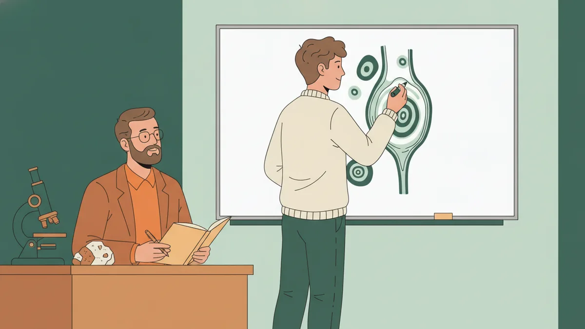 Illustration : dans une petite salle, un étudiant dessine au tableau la coupe d'une tige de plante pendant qu'un professeur assis l'écoute en prenant des notes ; sur la table, un microscope et un échantillon de roche.