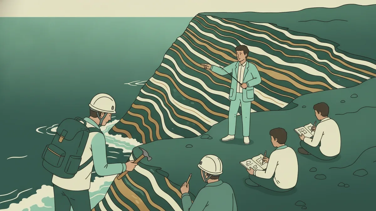 Illustration : sur une falaise en bord de mer aux couches de roche plissées, un étudiant casqué frappe la roche au marteau, deux autres dessinent une coupe dans leur carnet et un professeur montre les strates.