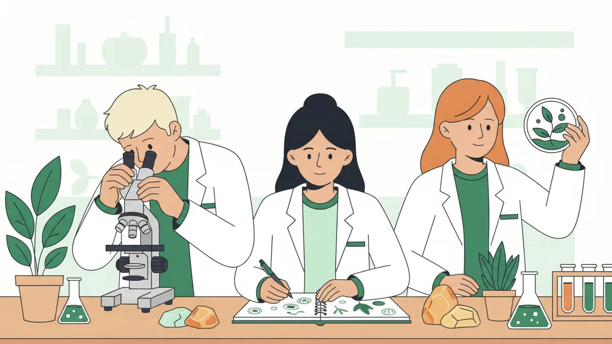 Illustration : trois étudiants en blouse blanche à une paillasse de biologie ; l'un regarde dans un microscope, une autre dessine ses observations dans un cahier, la troisième tient une boîte de Petri ; des plantes et des échantillons de roche sont posés sur la paillasse.