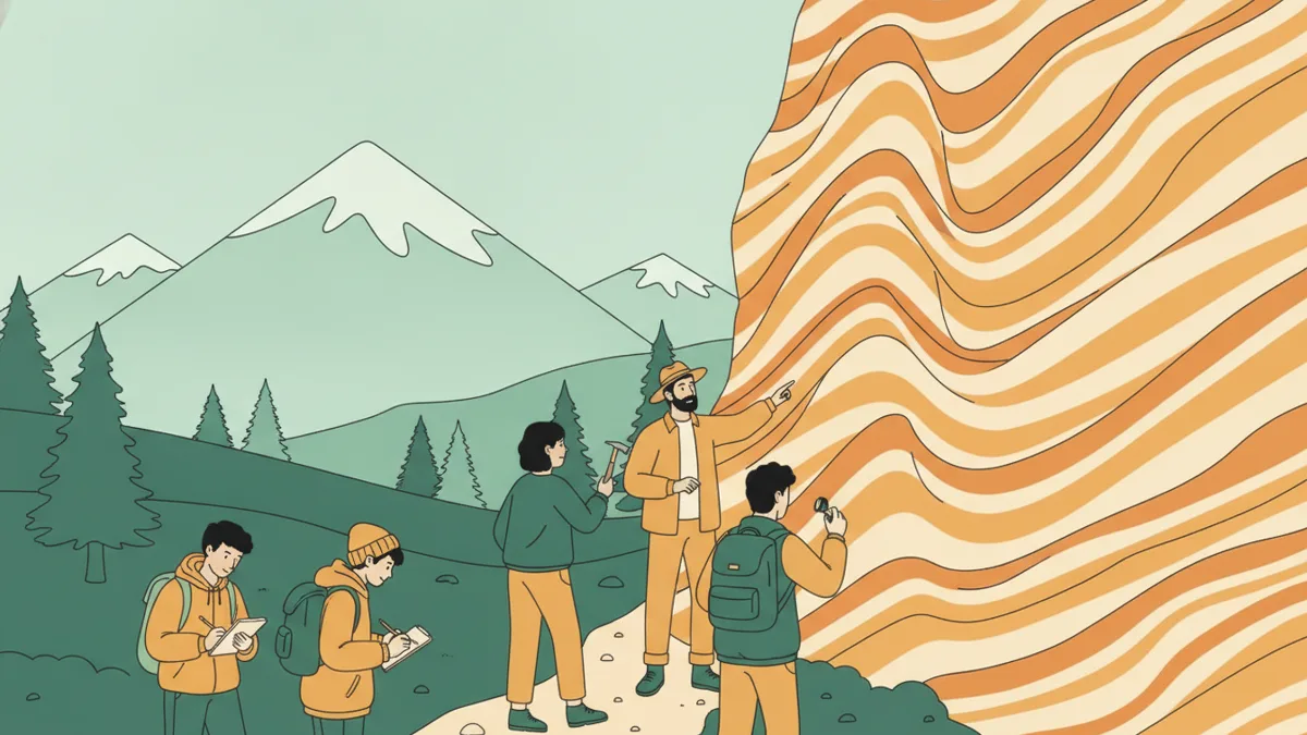 Illustration : en montagne, un groupe d'étudiants avec sacs à dos s'arrête au pied d'une falaise de roches plissées en couches ; l'un frappe la roche avec un marteau de géologue, d'autres prennent des notes ou regardent à la loupe, l'enseignant montre les plis ; sapins, prairies et sommets enneigés derrière.