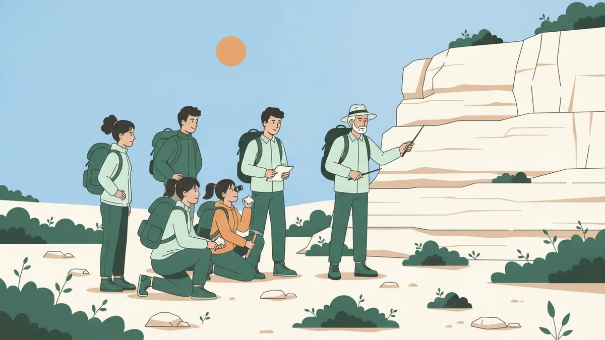 Illustration : dans les collines de garrigue sous un ciel bleu, un groupe d'étudiants avec sacs à dos et carnets écoute un professeur qui montre les couches d'une falaise calcaire ; une étudiante tient un marteau de géologue et une loupe.