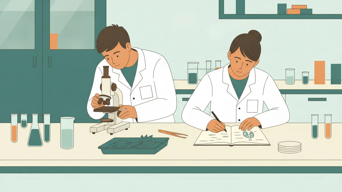Illustration : deux étudiants en blouse blanche à une paillasse ; l'un regarde dans un microscope, l'autre dessine une coupe de plante dans son cahier ; autour, un bac de dissection, des échantillons et de la verrerie.