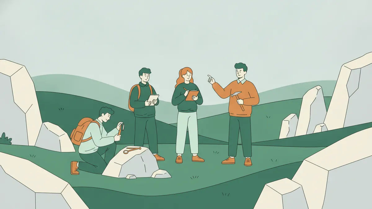 Illustration : dans une campagne verte parsemée de blocs de granite, un petit groupe d'étudiants observe les roches ; l'un examine un caillou à la loupe, une autre prend des notes, un enseignant explique en montrant le paysage.