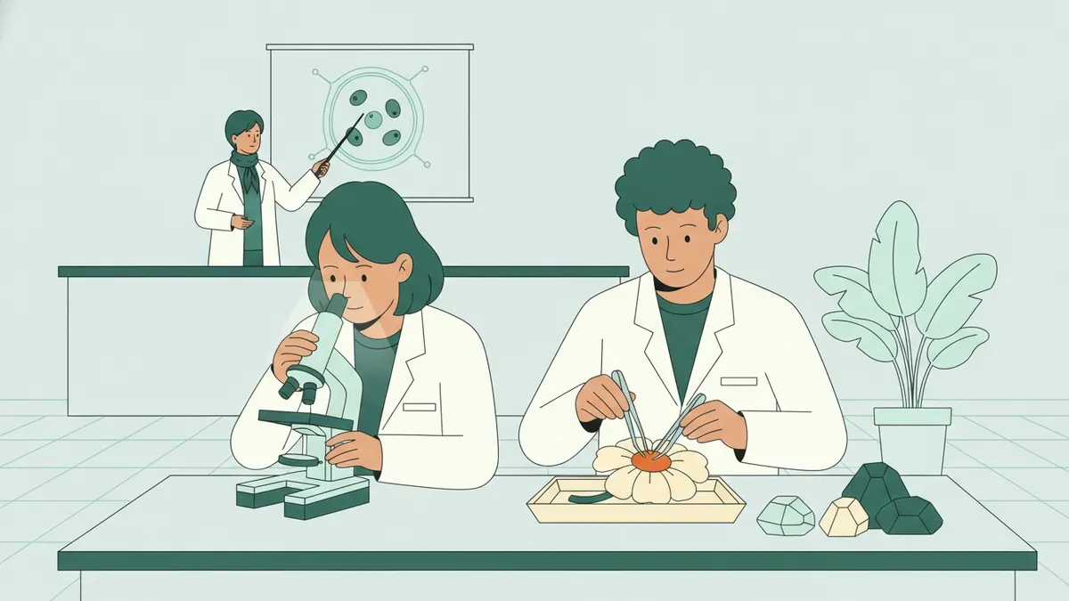 Illustration : dans un laboratoire de biologie, une étudiante en blouse blanche observe au microscope pendant que son voisin dissèque une fleur à la pince ; des échantillons de roches sont posés sur la paillasse et une enseignante montre un schéma de cellule au fond.
