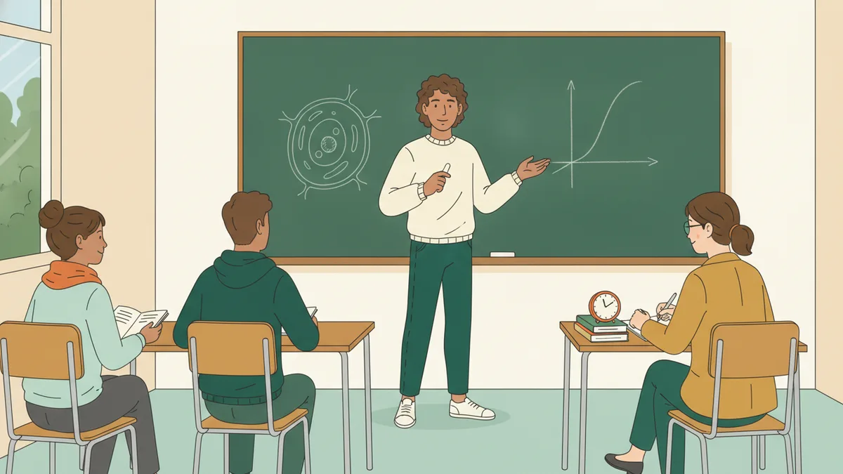 Illustration : dans une petite salle, une étudiante debout au tableau noir explique un schéma de cellule et une courbe ; deux camarades attendent leur tour avec leurs notes, et une professeure assise écoute en prenant des notes.