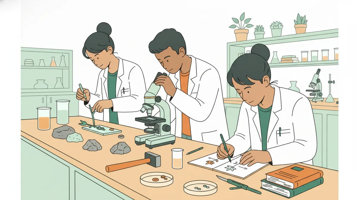 Illustration : trois étudiants en blouse blanche dans un laboratoire de biologie ; l'une dissèque une tige végétale, un autre regarde au microscope, la troisième dessine ce qu'elle observe dans un cahier. Sur la paillasse, des échantillons de roche et un marteau de géologue.