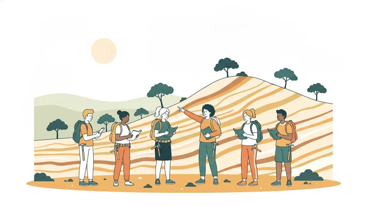 Illustration : un petit groupe d'étudiants avec sacs à dos, carnets et marteau de géologue, sur une colline sèche plantée de pins ; une enseignante montre du doigt des couches de roche plissées.