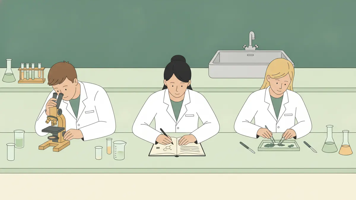 Illustration : trois étudiants en blouse blanche à une paillasse de biologie ; l'un regarde dans un microscope, une étudiante dessine ce qu'elle observe dans un cahier, la troisième manipule une cuvette de dissection avec une plante.
