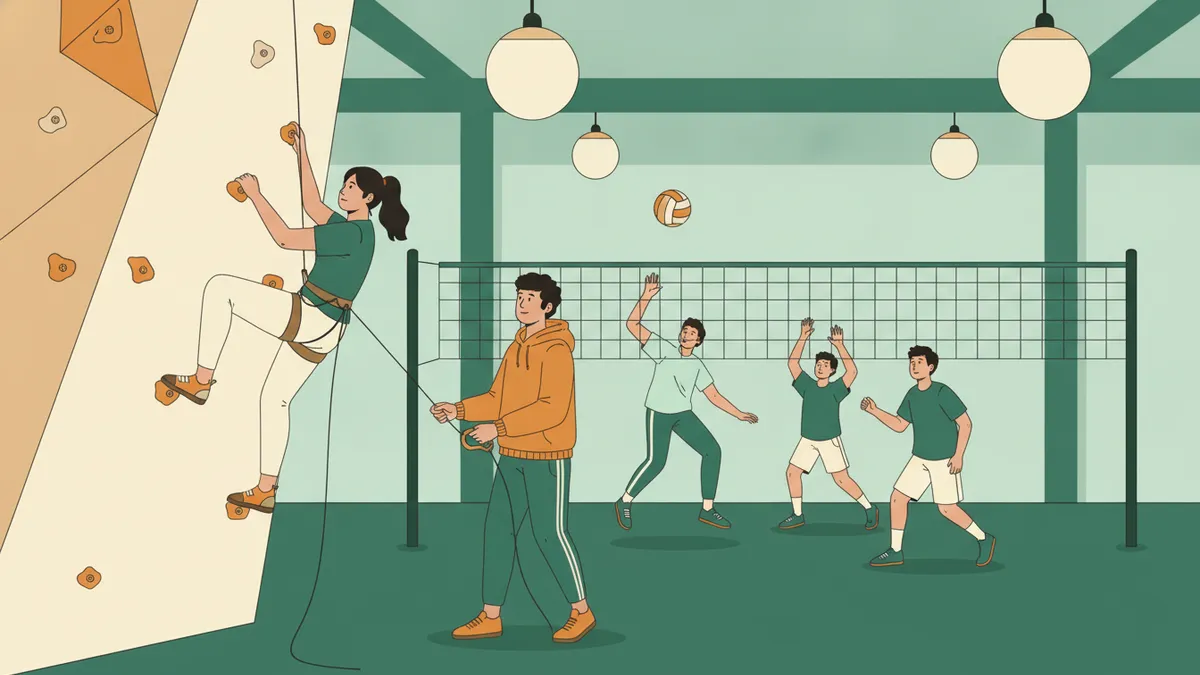 Illustration : dans un gymnase, une étudiante grimpe sur un mur d'escalade, assurée par un camarade ; au fond, d'autres jouent au volley.