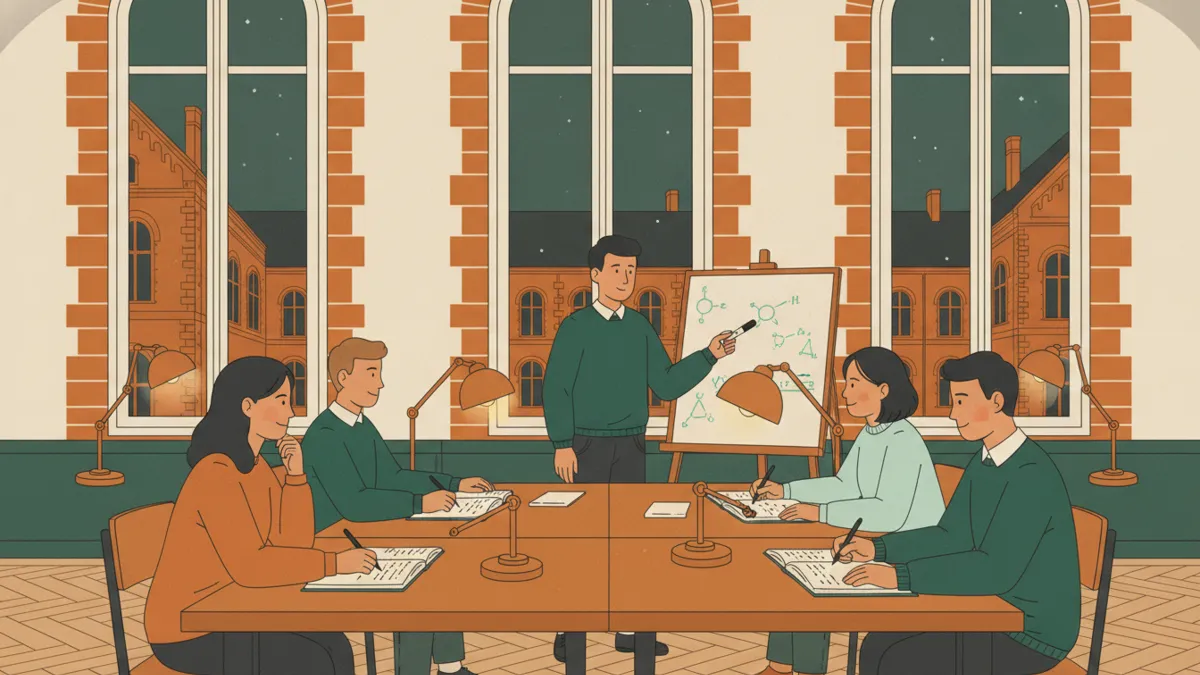 Illustration : le soir, dans une salle aux grandes fenêtres cintrées entourées de briques, cinq étudiants travaillent autour de grandes tables en bois sous des lampes ; l'un explique un exercice de chimie sur un tableau.
