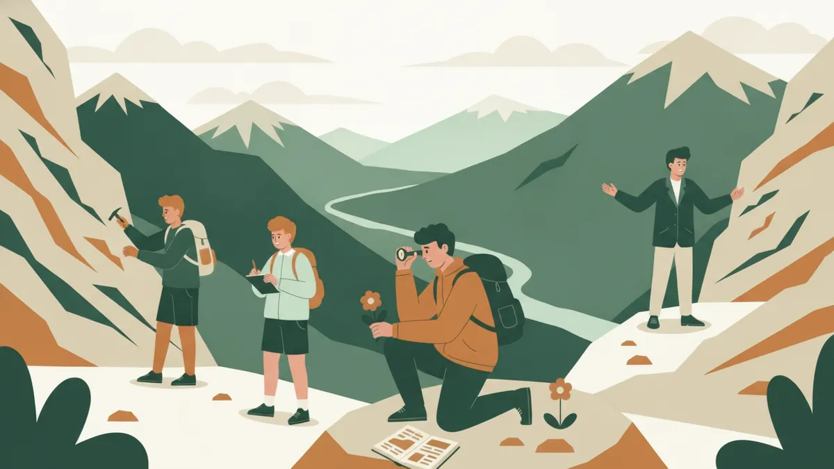 Illustration : sur un sentier de montagne, une étudiante identifie une fleur à la loupe, un autre prend des notes, un troisième tape une roche plissée au marteau ; un professeur montre la vallée.