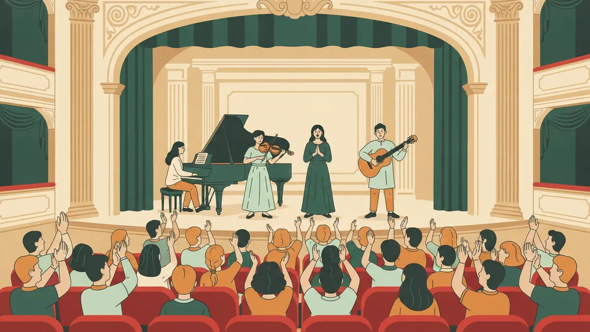 Illustration : sur la scène d'un petit théâtre à l'italienne, des étudiants jouent du piano, du violon et de la guitare, une chanteuse au centre ; le public d'étudiants applaudit depuis des fauteuils rouges.