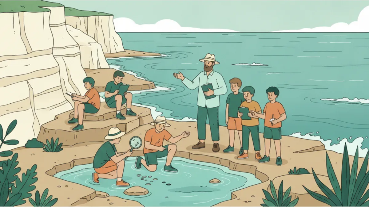 Illustration : sur une côte calcaire méditerranéenne, des étudiants observent une flaque de rocher à la loupe, d'autres dessinent les couches de la falaise ; un professeur en chapeau leur explique, devant une mer turquoise.