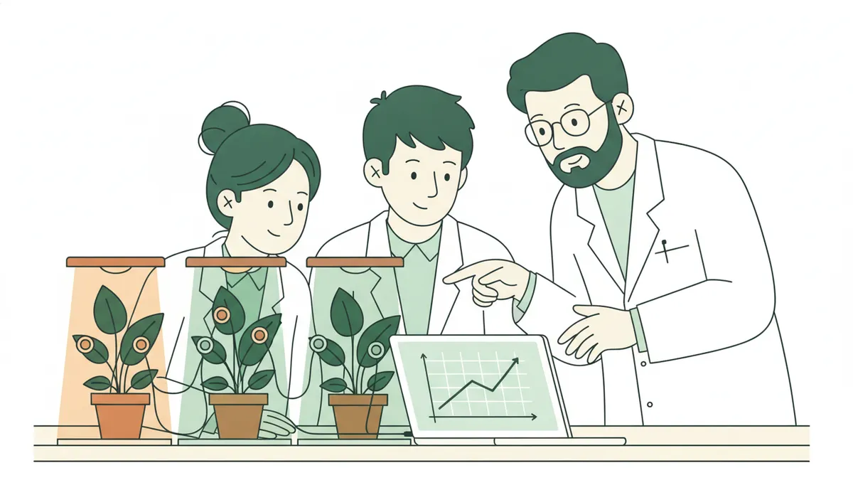 Illustration : deux étudiants en blouse mesurent la croissance de plantes sous des lampes de couleur, avec des capteurs reliés à un ordinateur qui affiche une courbe ; un professeur se penche pour les conseiller.