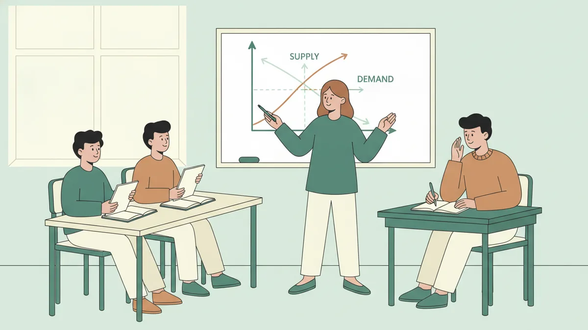 Illustration : une étudiante explique au tableau un graphique d'offre et de demande, pendant que deux camarades prennent des notes et qu'un professeur assis l'écoute, un stylo à la main.