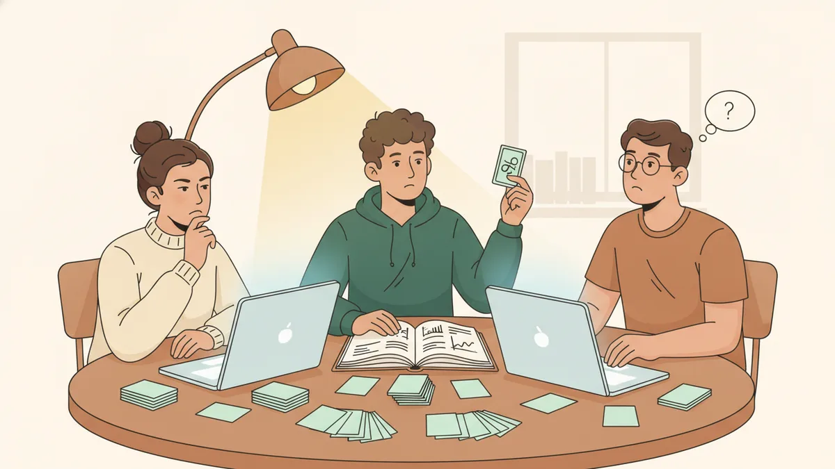 Illustration : le soir, trois étudiants révisent ensemble autour d'une table couverte de fiches, d'un manuel d'économie ouvert et d'ordinateurs portables ; l'un interroge les deux autres avec une fiche à la main.