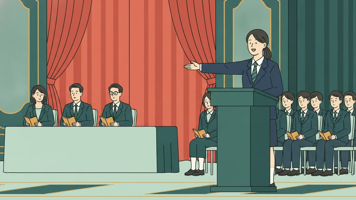 Illustration : une étudiante en blazer bleu marine, chemise blanche et cravate prononce un discours derrière un pupitre, la main tendue, devant un jury de trois personnes et des élèves en uniforme assis devant un rideau rouge.