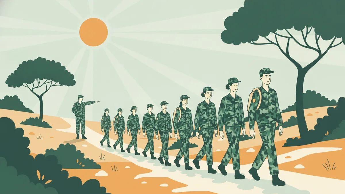 Illustration : une colonne de jeunes en treillis camouflé et casquette marche sur un sentier de colline provençale, entre pins parasols et garrigue, derrière un instructeur qui montre la direction, sous un grand soleil d'été.