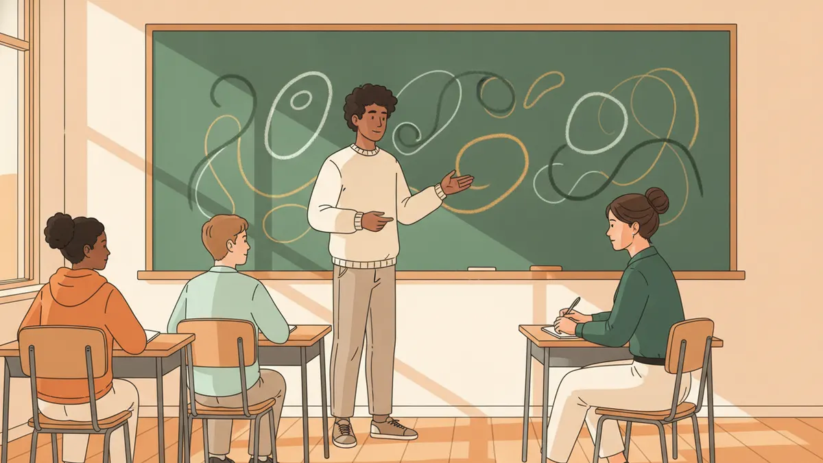 Illustration : en fin d'après-midi, un étudiant debout devant un tableau vert couvert de courbes explique son raisonnement à une enseignante assise qui prend des notes ; deux autres élèves attendent leur tour au fond.