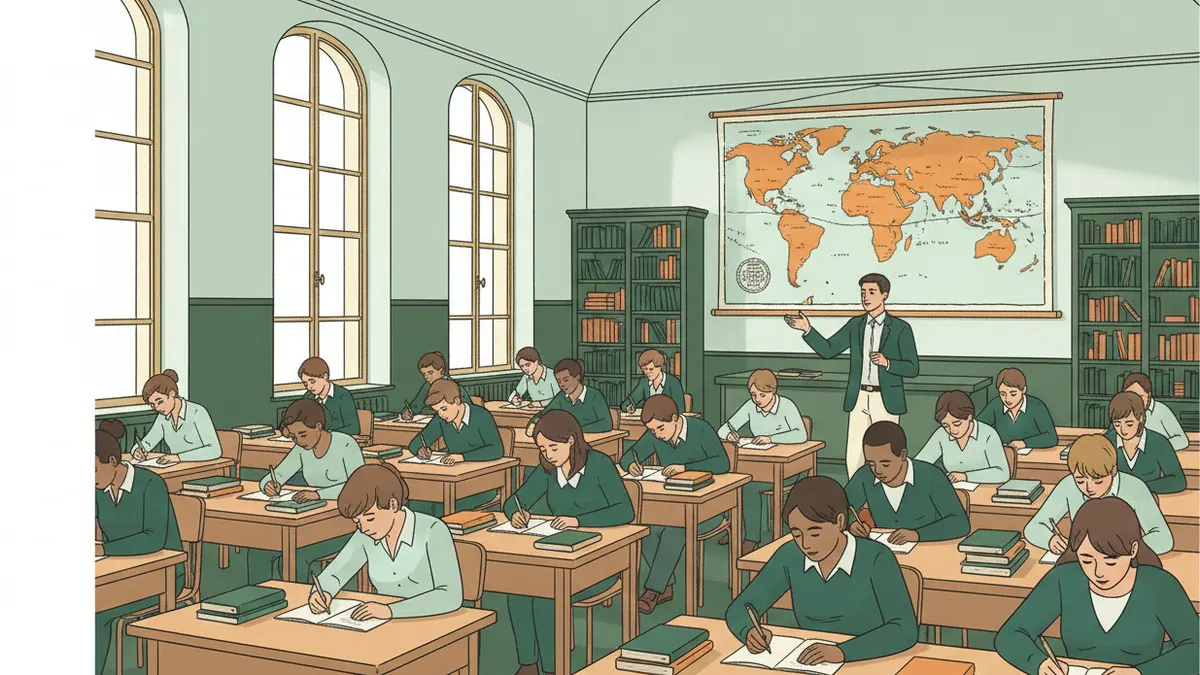 Illustration : une grande salle de classe parisienne à hauts plafonds et fenêtres cintrées ; une quarantaine d'élèves prennent des notes pendant qu'un professeur parle devant une carte du monde.