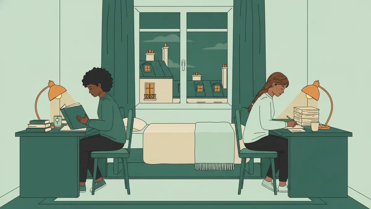 Illustration : le soir, dans une chambre double d'internat, deux étudiantes travaillent à leur bureau sous une lampe, l'une lit un gros livre, l'autre résout des exercices ; par la fenêtre, les toits de Paris.