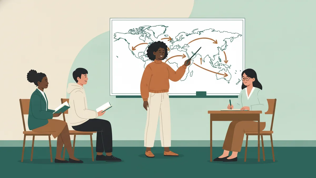 Illustration : une étudiante au tableau désigne une carte du monde couverte de flèches et explique devant une professeure qui prend des notes à un petit bureau ; deux camarades attendent leur tour, un livre à la main.