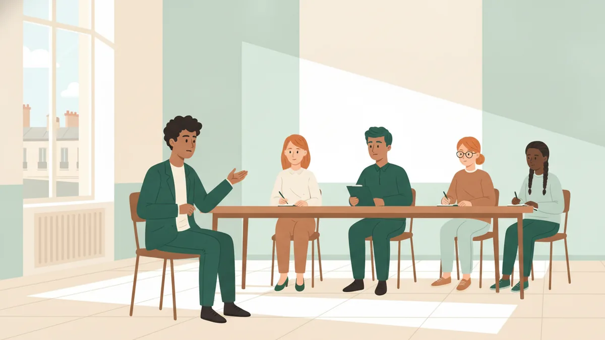 Illustration : dans une salle claire aux grandes fenêtres, un étudiant en veste parle, la main tendue, face à une table où quatre personnes l'écoutent et prennent des notes.