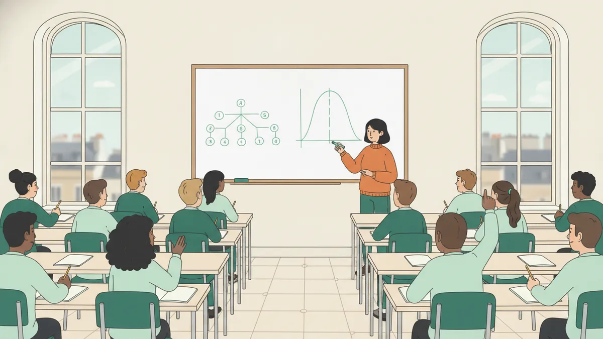 Illustration : une classe d'une vingtaine d'étudiants dans une salle lumineuse aux grandes fenêtres ; une professeure dessine un arbre de probabilités et une courbe au tableau, une étudiante lève la main.
