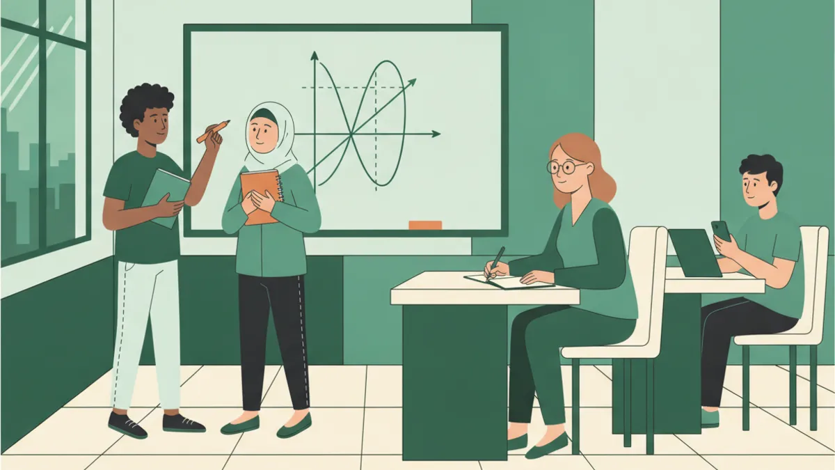 Illustration : deux étudiants debout au tableau d'une petite salle ; l'un explique la courbe d'une fonction, une professeure assise prend des notes, un troisième étudiant attend avec ses fiches.
