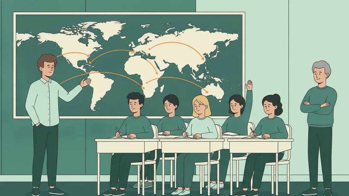 Illustration : un étudiant montre des routes commerciales tracées en orange sur une grande carte du monde murale ; ses camarades prennent des notes, une élève lève la main, le professeur écoute, bras croisés.